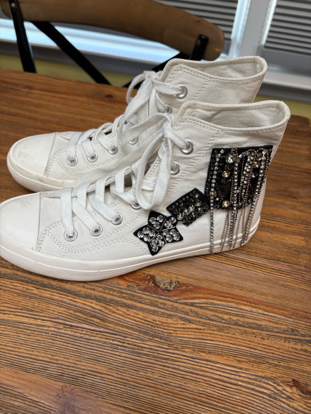 Lauren Lorraine White High-Top Sneakers with Black Beaded Patches and Chains - Picture 10 of 16